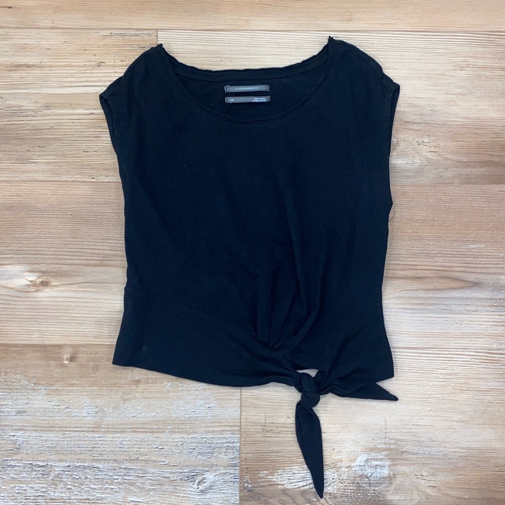 Anthropologie Crop Top XXS Black Linen Cotton Blend Twist Tie Knot Sleeveless